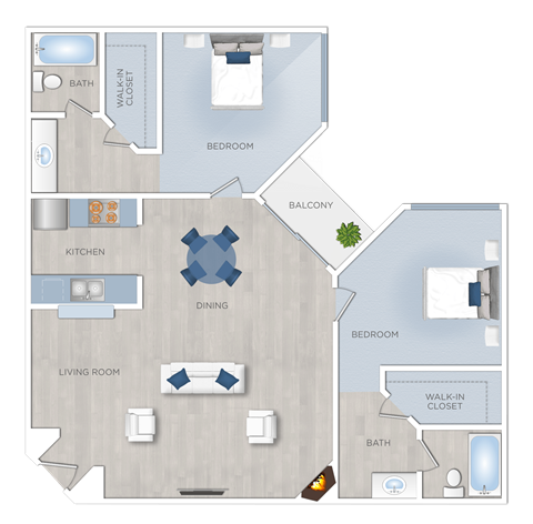 Floor plan for 2 beds, 2 baths, 1011 sqft